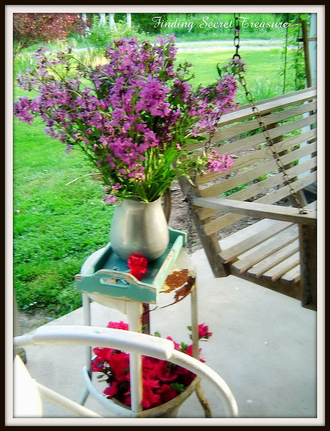 my summer porch want to see more check it out here, gardening, porches, Purple Phlox Vintage Metal Chair and wooden Swing