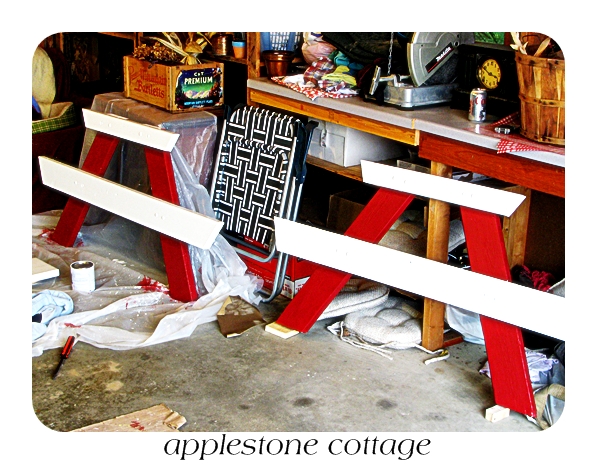 decrepit old picnic table gets a brand new look, diy, painted furniture, woodworking projects, Red and off white