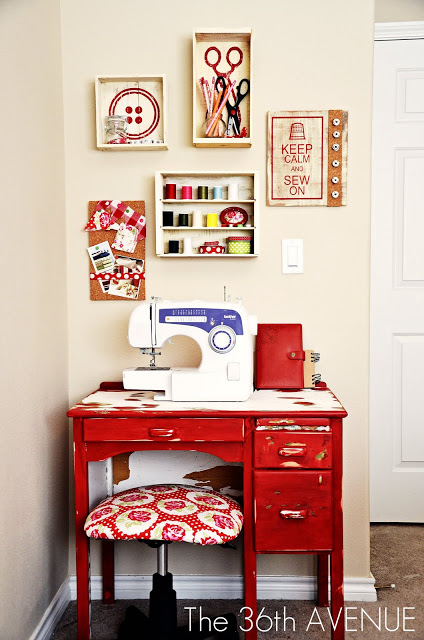 great places to sew and craft, craft rooms, home decor, The vibrant red totally energizes me