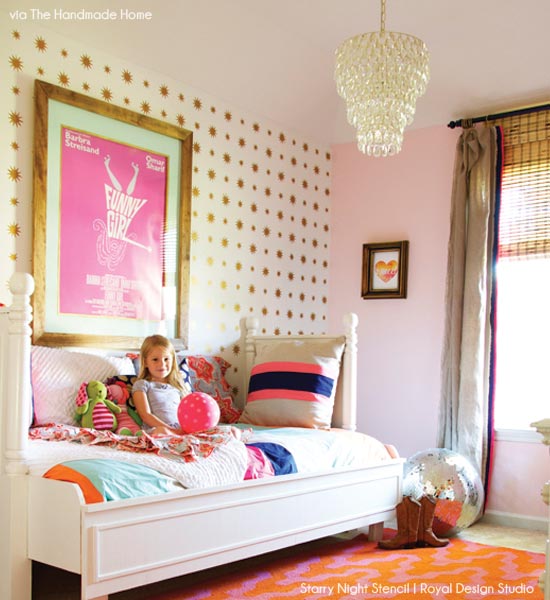 stencil and pattern ideas for girl s bedrooms, bedroom ideas, painting, Ashley and Jamin of The Handmade Home blog wanted a big girl room for their daughter Emerson They chose our Starry Night Polka Star design for a modern and girlie feel
