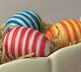 striped easter eggs, crafts, easter decorations, seasonal holiday decor, The stripes on the eggs are formed not with individual colors of floss but with one skein of friendship bracelet string