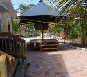 outside seating with shade, decks, outdoor living, patio, Don t want the cost of a structural overhang but need shade seating Bamboo table seats 12 and perfect for Key Largo