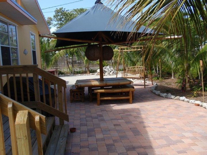 outside seating with shade, decks, outdoor living, patio, Don t want the cost of a structural overhang but need shade seating Bamboo table seats 12 and perfect for Key Largo