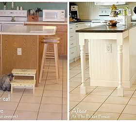 taking your kitchen island from dated to darling my kitchen island transformation, home decor, kitchen design, kitchen island, Before and After Lengthening the island added much needed space in front of the refrigerator and allowed for additional seating