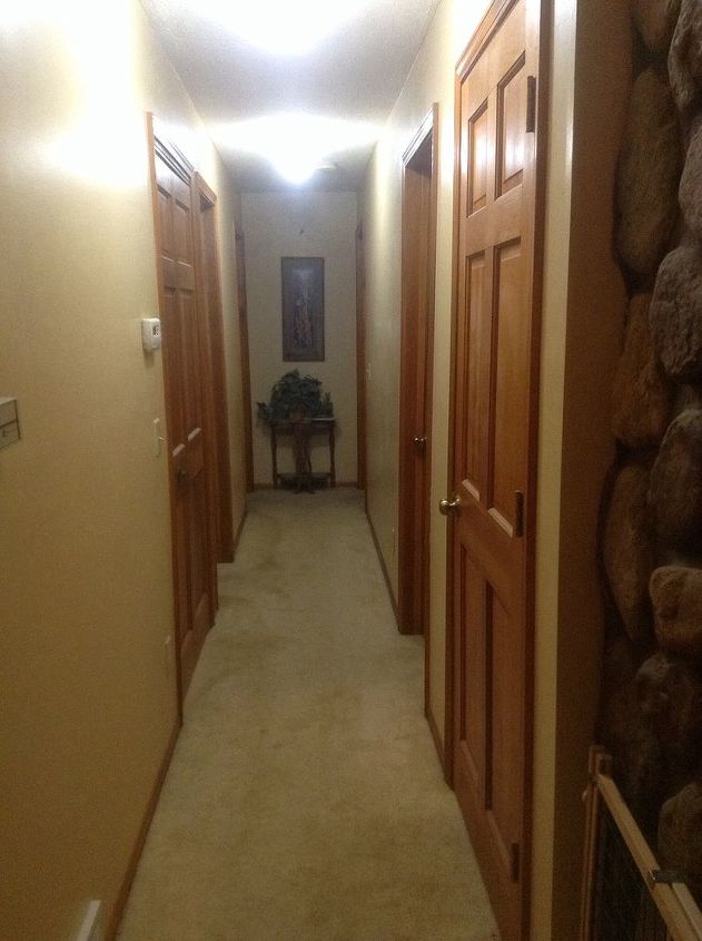 q any ideas for a boring hallway, foyer, home decor, Long boring hallway Carpet is going We have 2 med non shedding dogs Doors on left are linen coat closet bathroom bedroom Right basement small office master bedroom Reall needs help