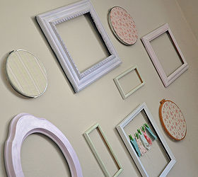 diy frame wall, crafts, home decor, shabby chic, wall decor, I also used a few old embroidery hoops and covered them with fabric to hang on the wall