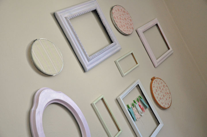 diy frame wall, crafts, home decor, shabby chic, wall decor, I also used a few old embroidery hoops and covered them with fabric to hang on the wall