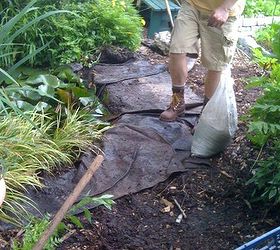 diy pond and slate project, diy, gardening, ponds water features, urban living, Before the edge of our pond gets a face lift we lift the lining and regrade the area before setting down sand and slate