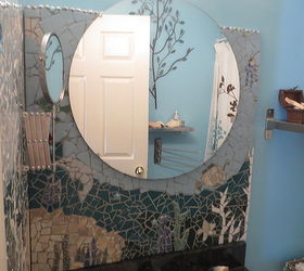 mosaic in bathroom, bathroom ideas, home decor, painting, tiling, wall decor, I used old tiles a few glass marbles and some new tiles we have been experimenting with Next on to the Kitchen for the hand made tiles my daughter in law and I have been making