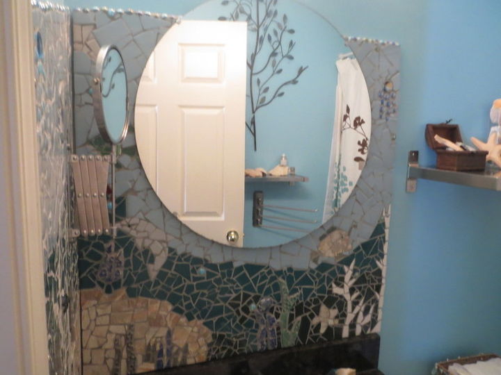 mosaic in bathroom, bathroom ideas, home decor, painting, tiling, wall decor, I used old tiles a few glass marbles and some new tiles we have been experimenting with Next on to the Kitchen for the hand made tiles my daughter in law and I have been making