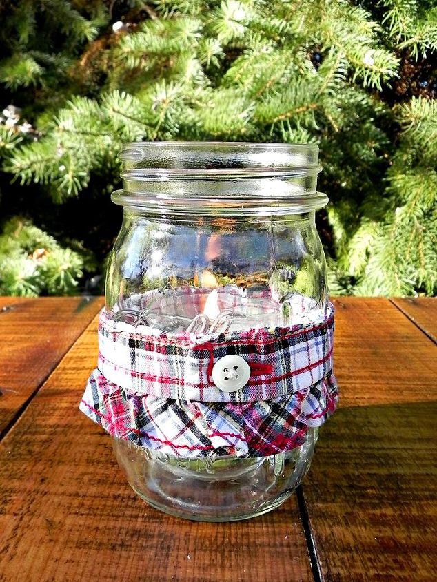 decorating mason jars with plaid shirts, crafts, mason jars, seasonal holiday decor, Drop in a votive candle and you have a lovely Christmas decoration