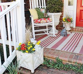 a southern porch reveal for spring 2014, curb appeal, flowers, gardening, porches, seasonal holiday decor, wreaths, The red striped outdoor rug I added last Summer still looks great