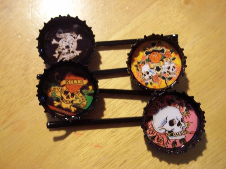 bottle cap projects, crafts, Ed Hardy Hair Pins