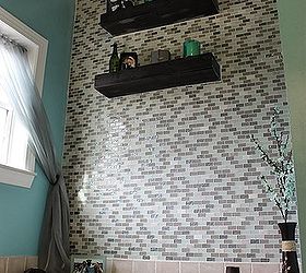 diy glass tile accent wall in master bathroom, bathroom ideas, home decor, tiling, Another shot of the completed accent wall