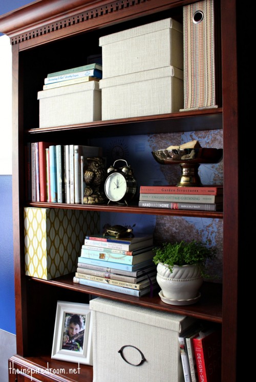 eclectic home office makeover, craft rooms, home decor, home office, painted furniture, home office makeover lightening up a wood bookcase with maps