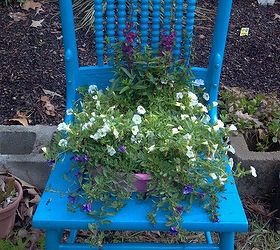 old timey chair turned planter, flowers, gardening, painting, repurposing upcycling, finished product