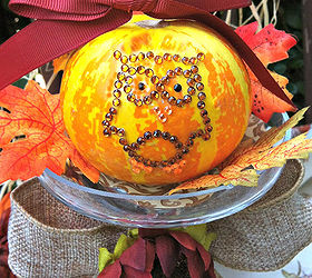 easy glitter and glitz pumpkin, crafts, seasonal holiday decor, I also used scrapbooking owl decals on a few miniature pumpkins and added them to my mini cupcake stands to add a little pizzazz to my kitchen fall decor