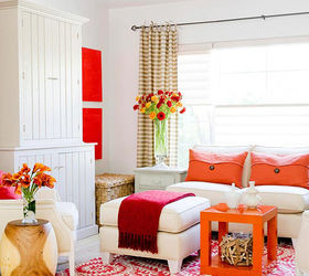 morph white walls from pale into interesting, home decor, painting, wall decor, Adding hot orange and red to these white walls really makes the room pop