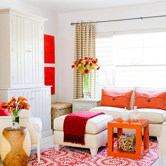 morph white walls from pale into interesting, home decor, painting, wall decor, Adding hot orange and red to these white walls really makes the room pop