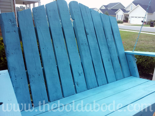 nantucket inspired porch swing made from reclaimed pallets, outdoor living, pallet, porches, Painted a soft blue shade this swing is an inviting and comfortable place to spend the summer days