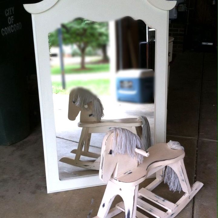 refinished an old dresser mirror and rocking horse, painted furniture, The mirror and rocking horse was refinished using plaster of paris and paint then sanded to the look I wanted