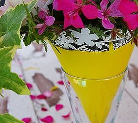 may day flower baskets made from paper party hats, crafts, flowers, gardening, A laser cut cupcake wrapper serves as a lovely collar and a pilsner beer glass is the perfect shape to display the flower cone