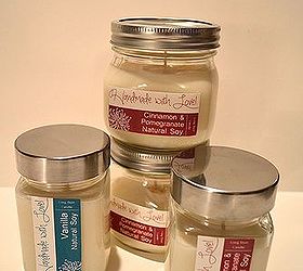 scented soy long burning candles with personalized labels, crafts, Using your home printer create a design unique for your home or to use for gift giving and print onto the printable waterproof labels Then just trim the labels and place on jars Easy peasy