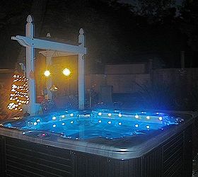 backyard construction of hot tub decking, decks, outdoor living, pool designs, spas, Night shot