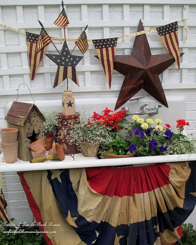 happy fourth of july patriotic potting sink, flowers, gardening, outdoor living, patriotic decor ideas, seasonal holiday decor, Our 1916 Potting Sink in her 4th of July party dress