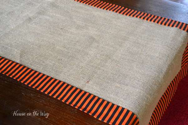 spooky halloween party decor, crafts, halloween decorations, seasonal holiday decor, I added some Halloween fabric to my existing DIY Burlap Table Runner to make it ready for the Halloween Party
