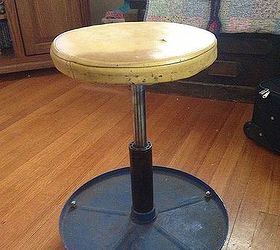 skirted stool made from old mechanics stool, painted furniture, reupholster, My hubby generously gave me this stool I fell in love with the shelf that would give me extra storage but hated it for the sheer ugliness