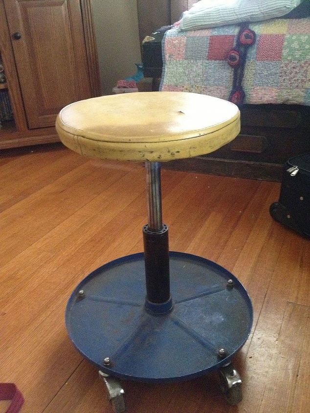 skirted stool made from old mechanics stool, painted furniture, reupholster, My hubby generously gave me this stool I fell in love with the shelf that would give me extra storage but hated it for the sheer ugliness