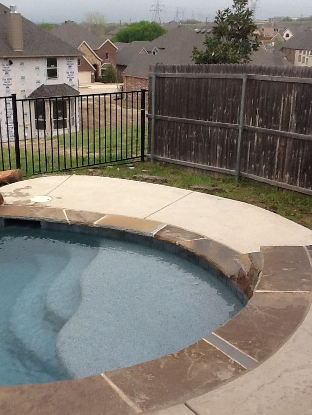 how do we landscape around our pool, landscape, pool designs, This is where you would enter the pool I would like to put a bench over in the grassy area I would like to change this to small rock as mulch in this area