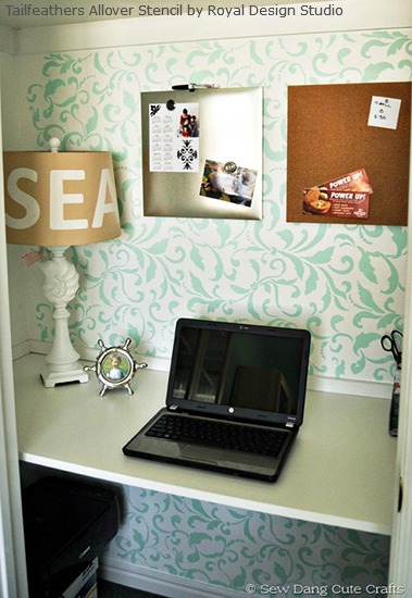 chic stenciled closet ideas, cleaning tips, home decor, painting, Tam from Sew Dang Cute transformed a friend s closet into an office with our Tailfeathers Allover Stencil Lovely indeed