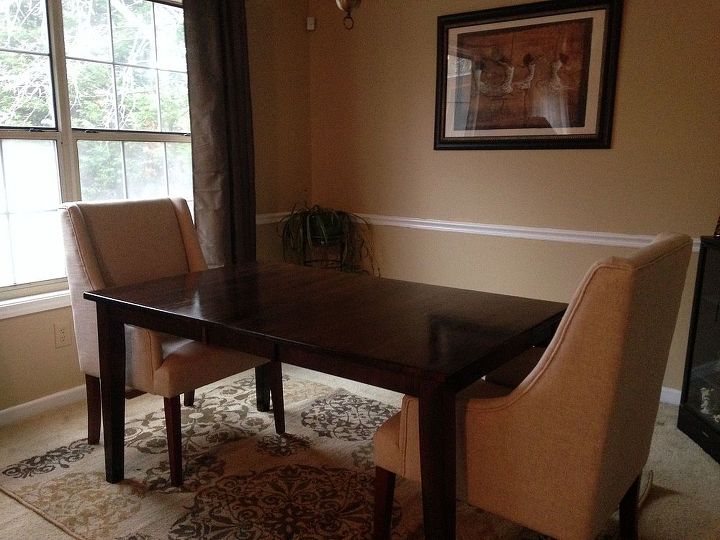 a dining room makeover surprise for mom, dining room ideas, home decor, I updated this space by adding a neutral color to the walls painting the trim staining the table adding a rug and beautiful curtains and two beautiful chairs