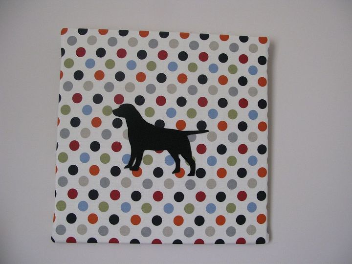 make your own wall art using tea towels or fabric, crafts, repurposing upcycling, Leftover spotty fabric stapled to canvas with silhouette Labrador in stick on felt silhouette found on internet