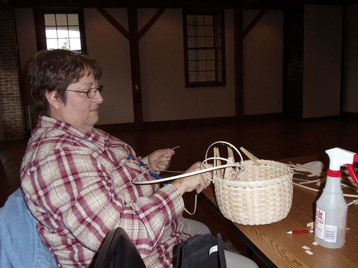 basket weaving class i took and basket i made 11 3 12, crafts, Julie wrapping top u can c she was loose wrapping hers like I was same size as mine she has made baskets before I never have so I felt great