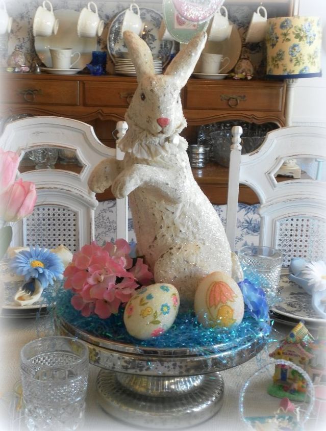 spring and easter dining room decor, dining room ideas, easter decorations, seasonal holiday decor, I love my vintage style Easter Bunny He made a wonderful centerpiece on my Easter tablescape Blogged about at