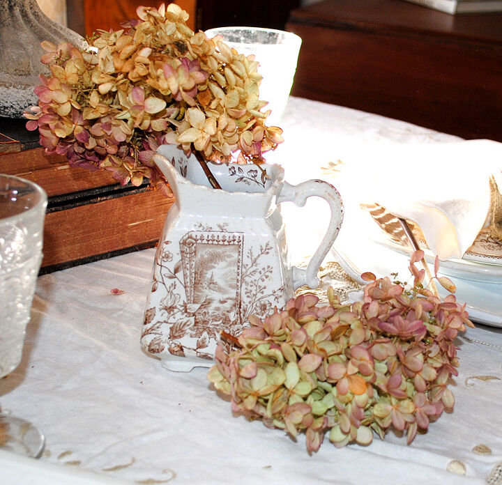 my table is all set for thanksgiving, seasonal holiday d cor, thanksgiving decorations, Transferware and Hydrangeas