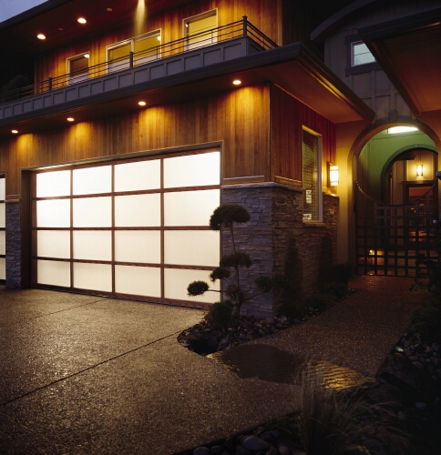 glass garage doors, Modern Asian flair Clopay Avante Collection Aluminum frame with Cherry Ultra Grain frame and frosted glass panels