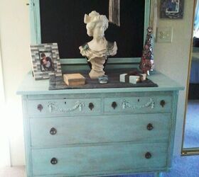 antique dresser and mirror refurb, Viola She s done Valspar Crystal Aqua with bronze glaze I replaced the casters with legs to give it a little height Rather than replace the mirror I painted the backing with chalkboard paint
