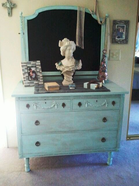 antique dresser and mirror refurb, Viola She s done Valspar Crystal Aqua with bronze glaze I replaced the casters with legs to give it a little height Rather than replace the mirror I painted the backing with chalkboard paint