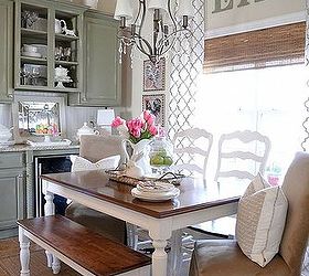 a little spring in the breakfast area, kitchen design, seasonal holiday decor, Our new farmhouse bench helps with the French Country feel I want this space to have