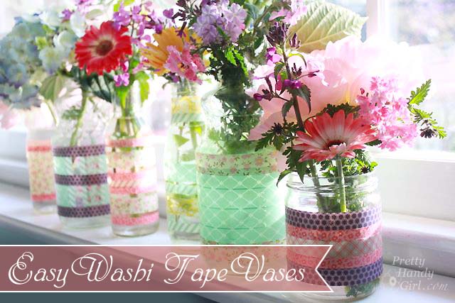 jarrones sencillos de washi tape con tarros y botellas reciclados, Preciosos jarrones reciclados con Washi Tape