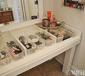 diy glass top makeup vanity desk, diy, how to, painted furniture, The glass top and all of the containers allow easy access to all of the makeup and beauty products