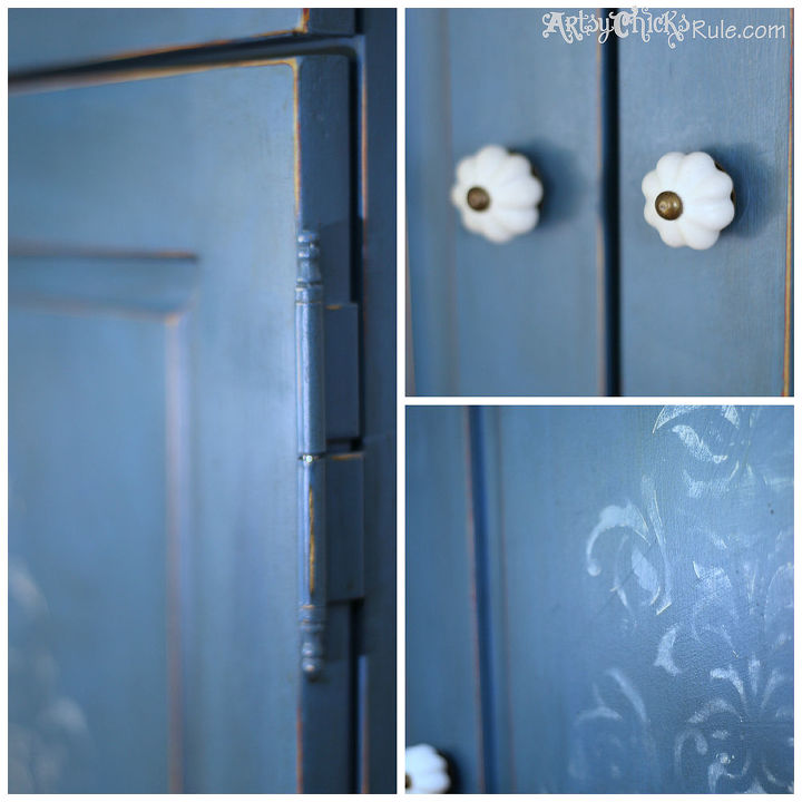 stenciled blue armoire w 3 color technique annie sloan chalk paint, chalk paint, painted furniture, Up close detail shots of stencil distressing painted and new knobs