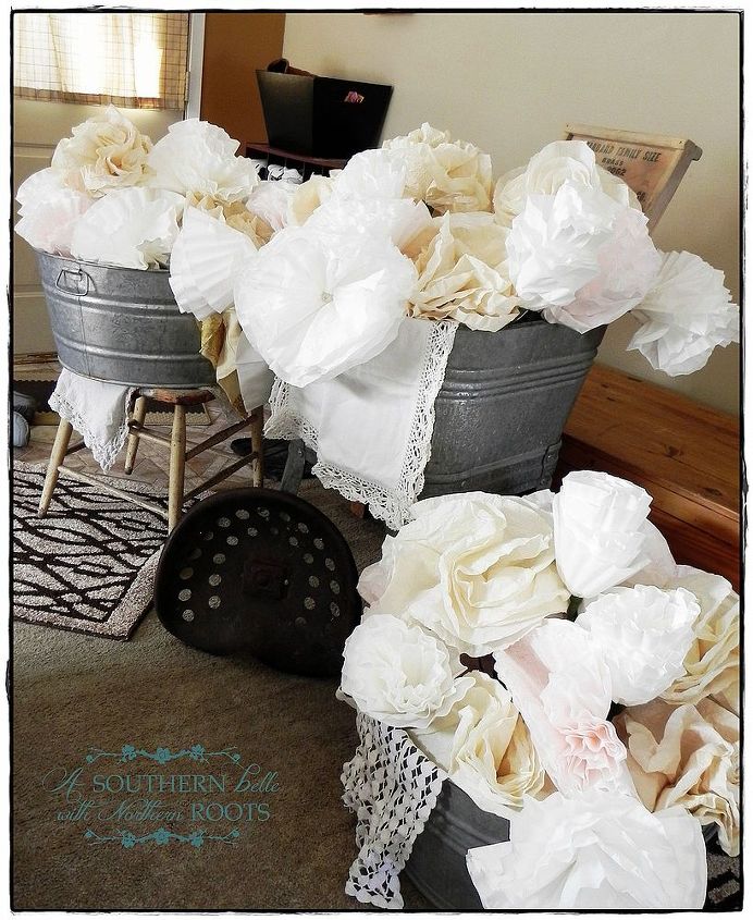 diy vintage decor, home decor, I love galvanized items This trio will be filled with faux flowers made from coffee filters but we know what they can look like out in the garden filled with beautiful blooms