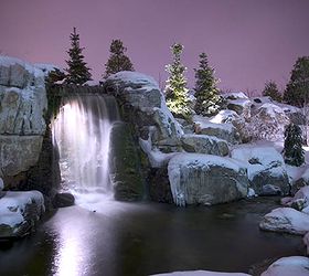 create a cozy winter water garden, gardening, lighting, outdoor living, ponds water features, Lights behind the waterfall create a cozy enchanting view
