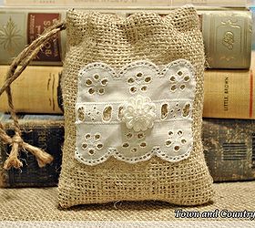 how to make little burlap bags, crafts, flowers, Eyelet lace and a tiny flower grace the front