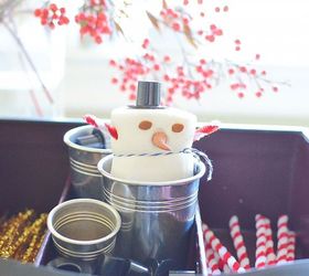 marshmallow snowmen and a wayfair cloche, crafts, seasonal holiday decor, Snowman Kits for Crafts Unleashed created from old liqueur case by Amy Renea